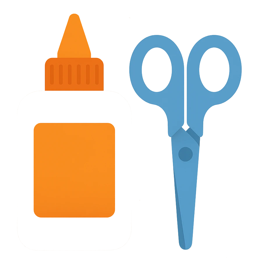 bottle of glue with orange label and tip and a pair of blue scissors, flat toon vector illustration emoji