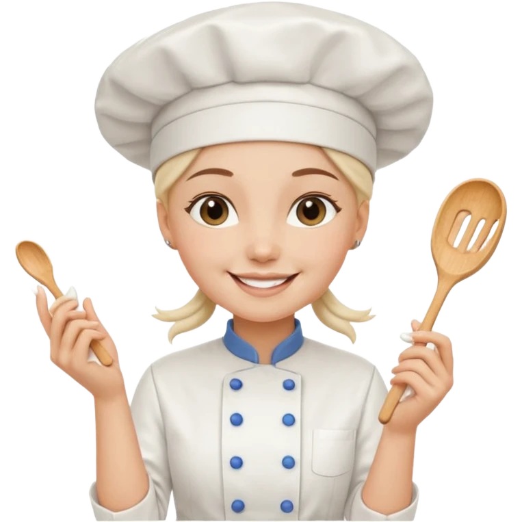 Young female baker - white chef hat, holding cream piping bags in both hands emoji