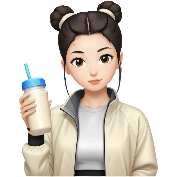 Japanese girl with cream jacket drinking pre workout shake middle part slick back bun emoji