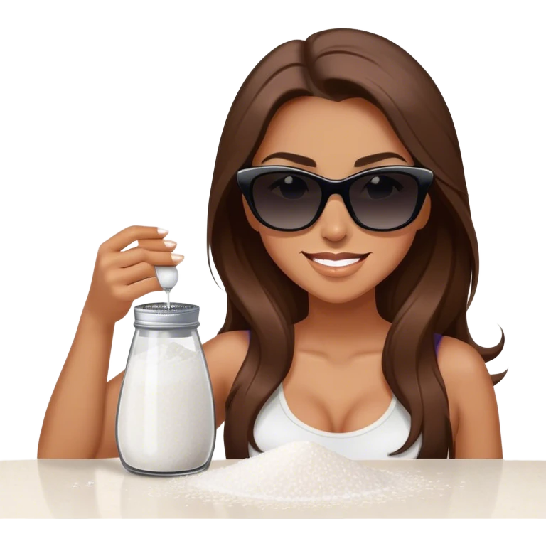 sassy woman with long brown hair, tan skin, and dark sunglasses holding a salt shaker filled with white table salt. She is sprinkling the salt out from the shaker with a smirking expression emoji