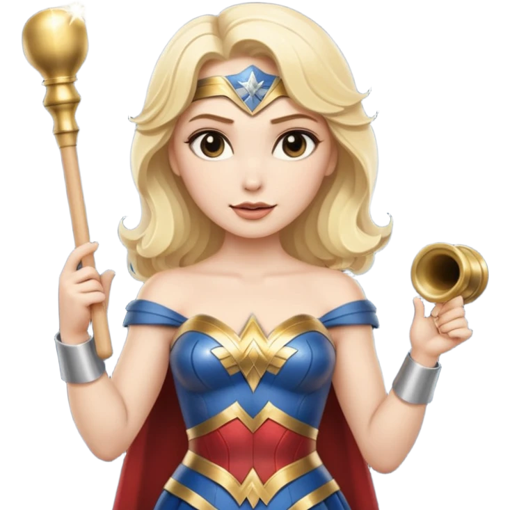 Blonde Wonder Woman holding short white orchestra conductor’s baton and bell emoji