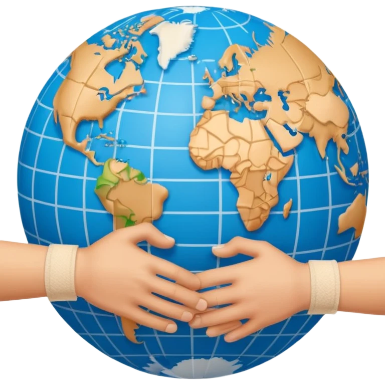 Generate an emoji of two hands shaking in front of a globe. Have a bandage wrap around the globe in the background. emoji