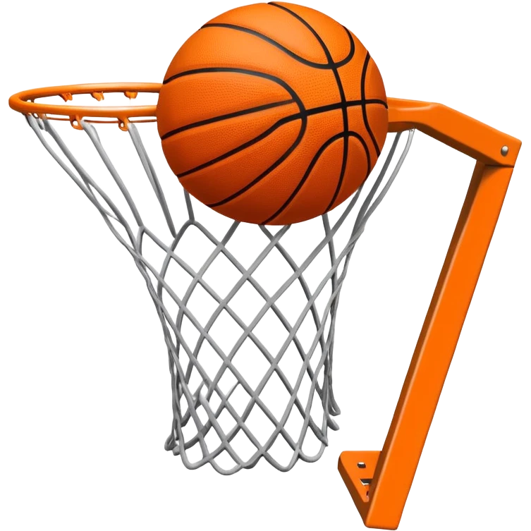 A close-up of a basketball shield and hoop with the ball swishing through the net, captured mid-air. The background emphasizes the tension and excitement of the moment, with the rim and net in sharp focus, showcasing the precision and skill of the sport. emoji