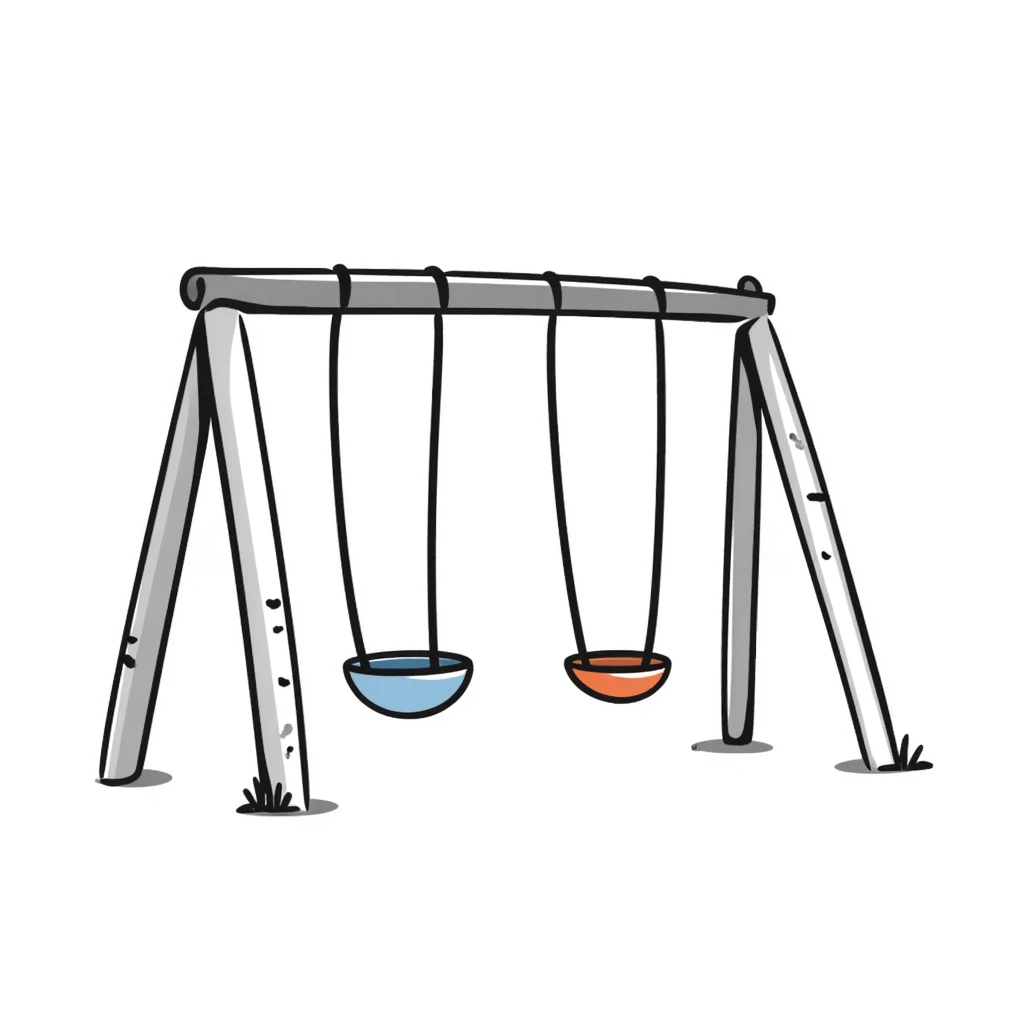 Children's playground swing set with seats in pastel colors (dd9fb0, ffc6d3, a3bfc9, c4bee2, f1b091), hand-drawn doodle style emoji