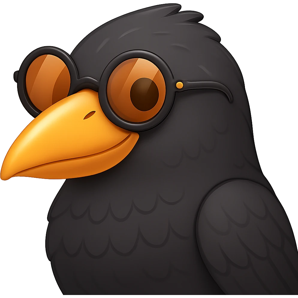 Make the bird emoji more emoji-like, keeping the detailed, slightly cartoonish style and subtle emoji shine. Define the feathers just a bit more than before, but keep it clean and not too realistic. Keep the orange beak and round sunglasses. No background. emoji