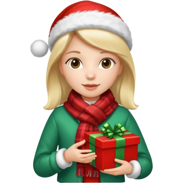 a girl wearing a chirstmas jacket and scarf and holding a christmas gift emoji