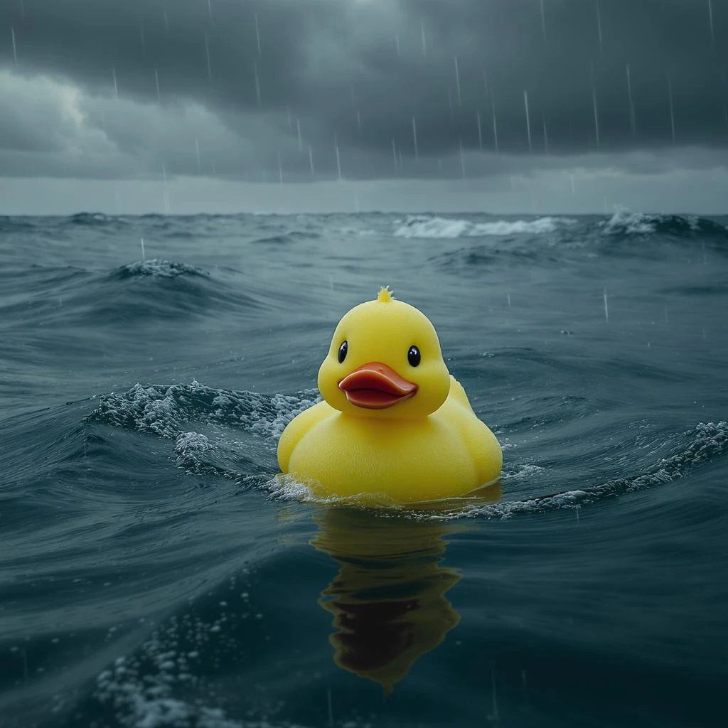 Cinematic still, Extreme Closeup shot of Yellow duck toy on ocean during cloudy day, stormy sea, Camera from top, inspired by interstellar emoji