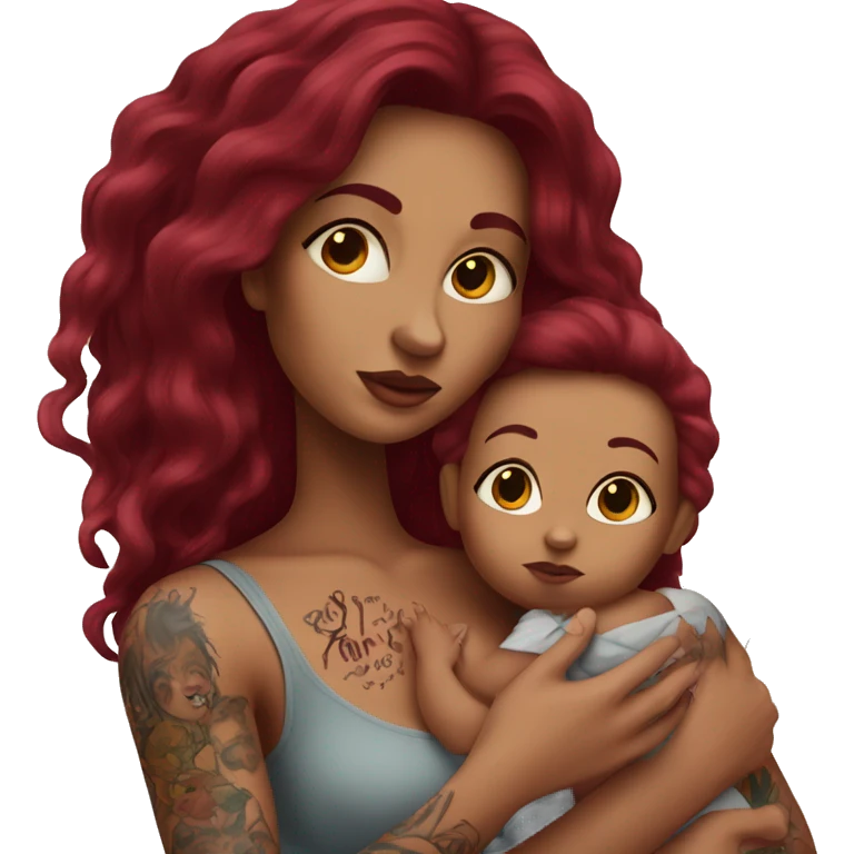 Beautiful tattooed burgundy long haired woman holding a baby emoji