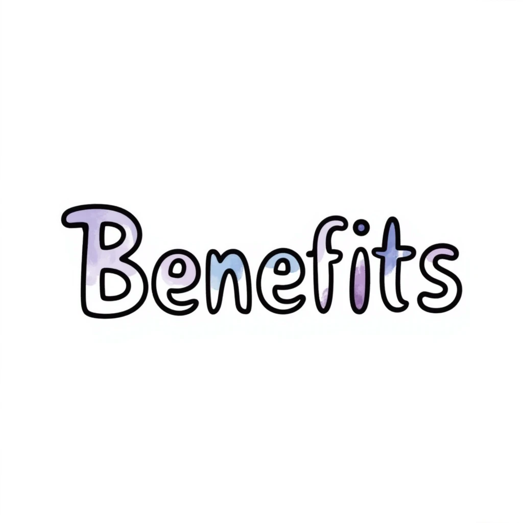 The word "Benefits" hand-drawn in white text with a few purple and blue color accents. Simple doodle style with clean design. emoji