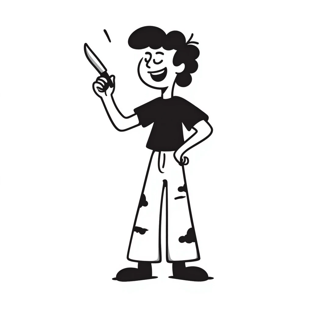 hand-drawn sketch of a savage person in 1988 outfit with mullet hair, acid wash jeans, holding knife, laughing crazily emoji