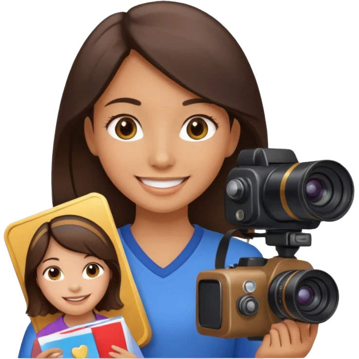 A brunette girl smiling, she’s a proud and successful filmmaker 🍿🌍✨ she’s next to a camera, / holding awards  emoji