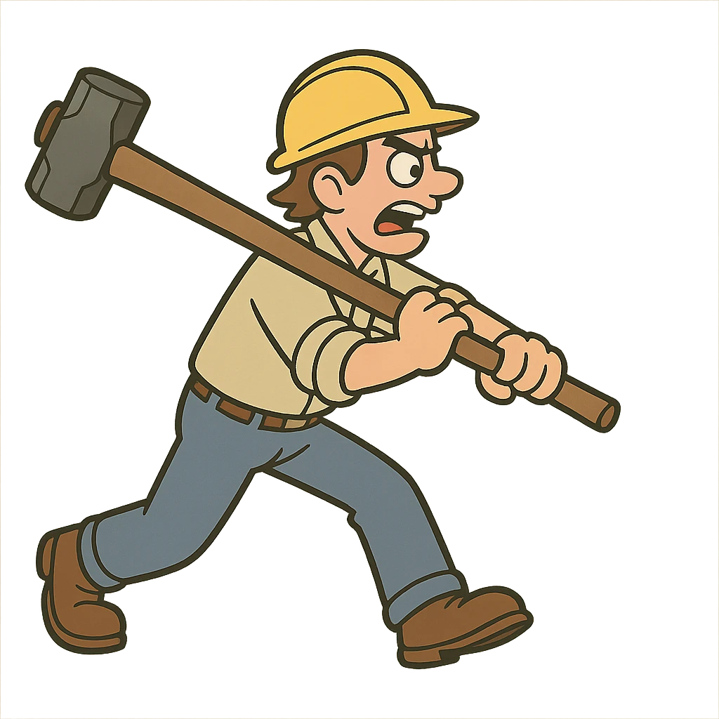 a person in work clothes swinging a heavy sledgehammer, side view, cartoon style, dynamic action pose emoji
