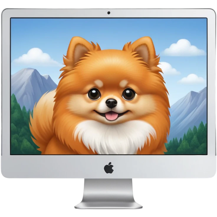 iMac monitor with a Pomeranian dog photo displayed on screen emoji
