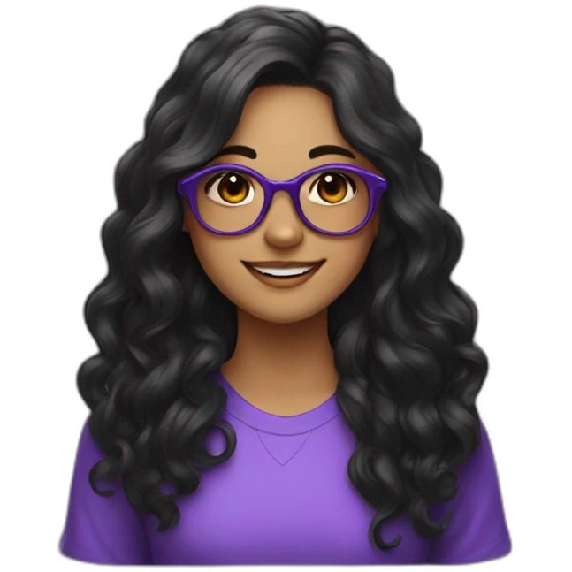 With Girl with long black hair with loose curls and purple glasses, smile, black eyes, emoji