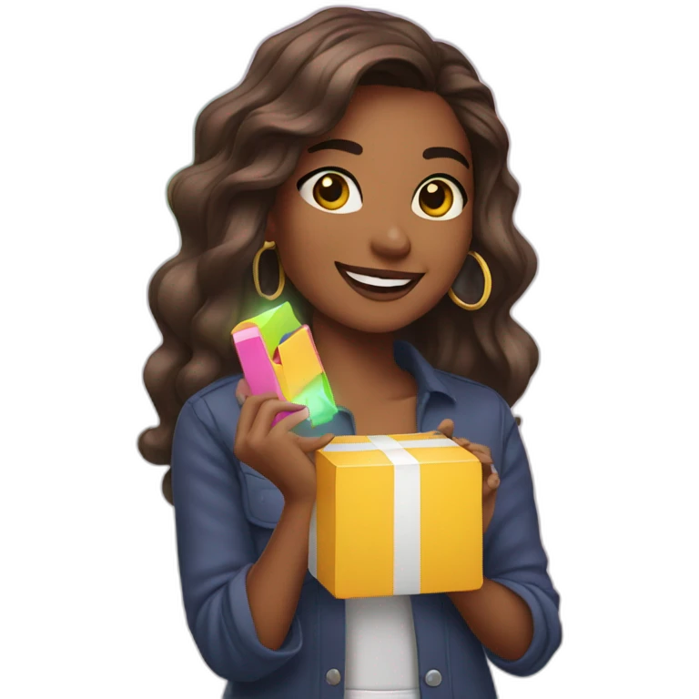 influencer taking a picture of herself holding a bright box in her arms emoji
