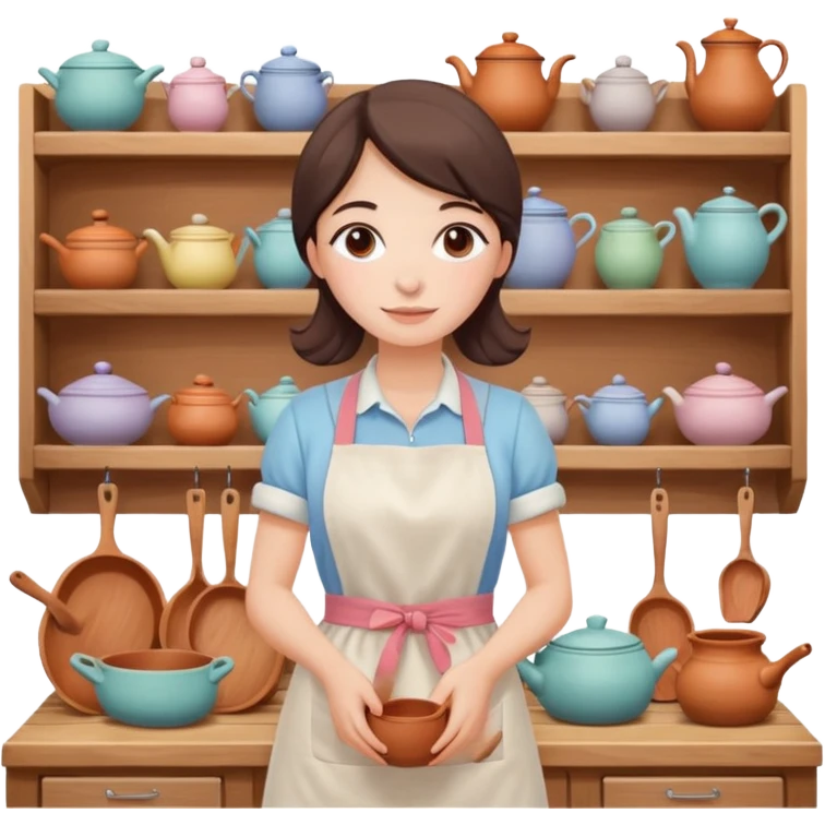 cartoon Apple iOS emoji style woman, pastel colors, Chilean wooden kitchen background, clay pots, warm light, detailed and clean vector art emoji