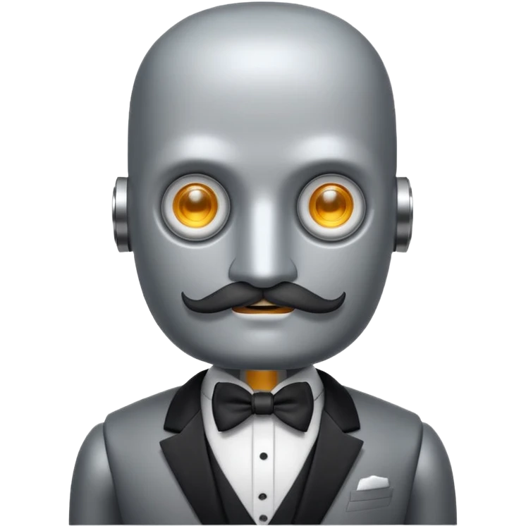 Gray Robot with a square head, no hair, thick handlebar moustache, headlight eyes, wearing a tuxedo, buff emoji