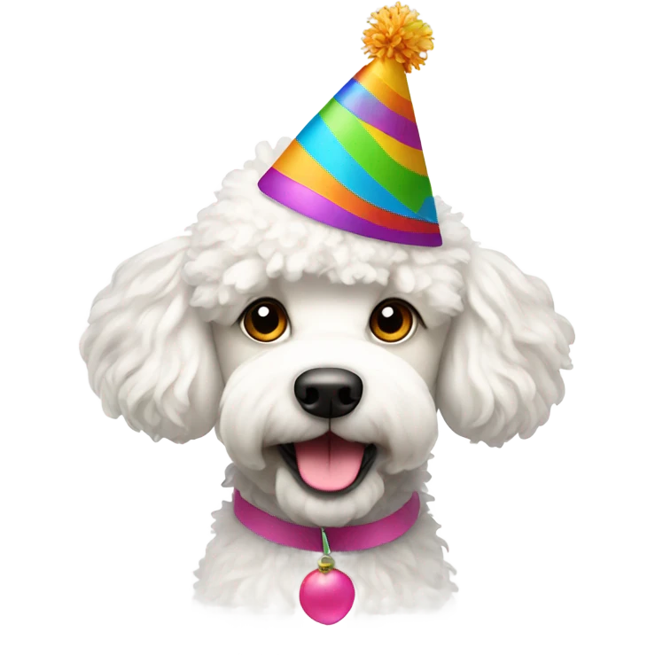 Shaggy white poodle wearing happy birthday hat emoji