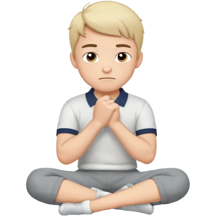 Cartoon boy sitting cross-legged, his fist pressed to his cheek, wearing a white polo and gray pants. He has a smug smirk, eyes looking forward. Clean lines, flat colors, solid black background, vector art, character sheet style. emoji