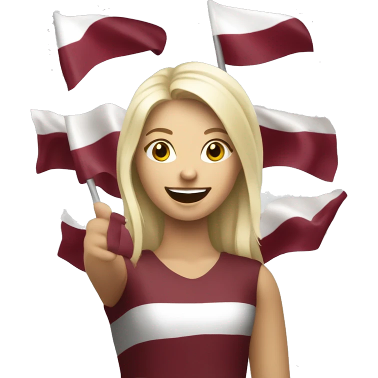 Happy blonde woman with a flag of Latvia in hands emoji