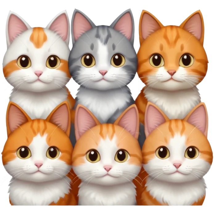 6 cats with different coloured coats, 2 are grey and white, 1 is grey with a little white, 1 calico, 1 brown tabby and white and one ginger and white emoji