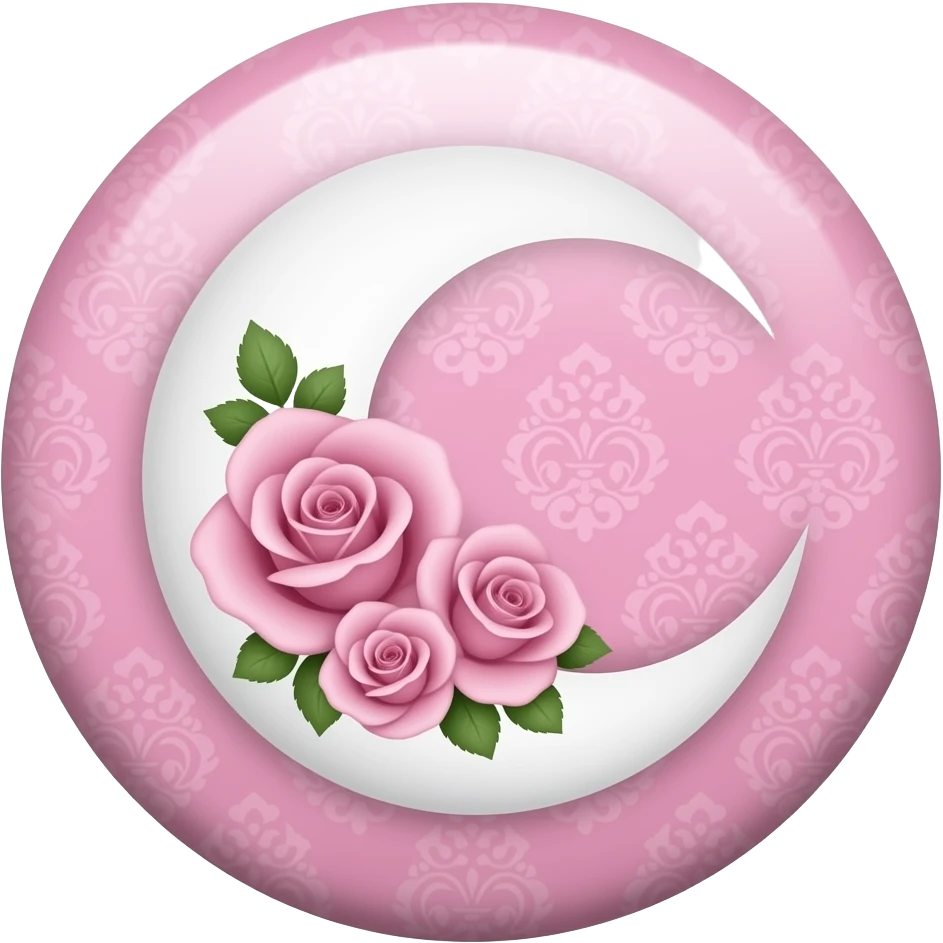 A round pink button with a crescent damask moon and pink roses in the center emoji
