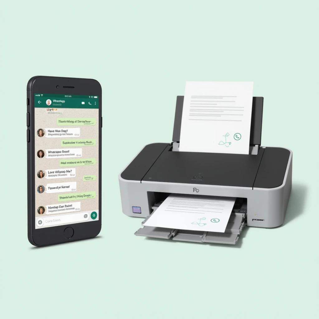 realistic thumbnail for a WhatsApp print out service, featuring a phone on the left with WhatsApp open, showing a chat with multiple file types, and a printer on the right printing out those files, on a simple background emoji