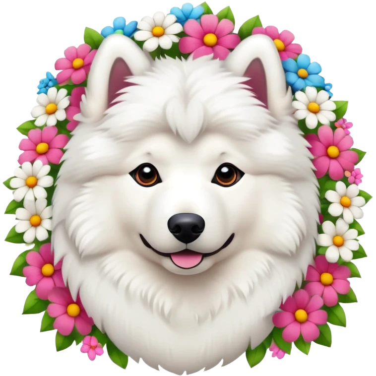 Full body photo of a Samoyed with many flowers on its head emoji