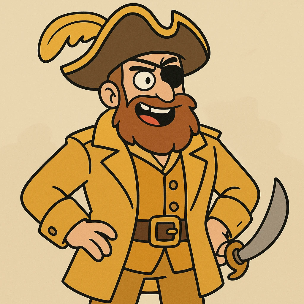a pirate in a golden uniform and a hat with a golden feather, cartoon style emoji