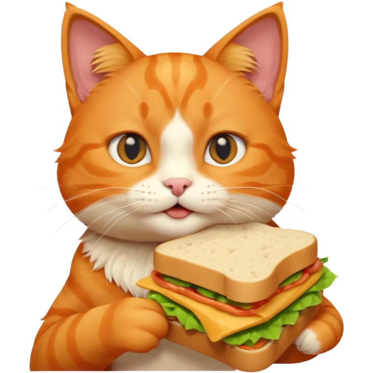 cute orange cat portrait, head and shoulders only, biting a sandwich, funny expression, 3D cartoon, mobile game icon style, clean background, no text, no watermark emoji