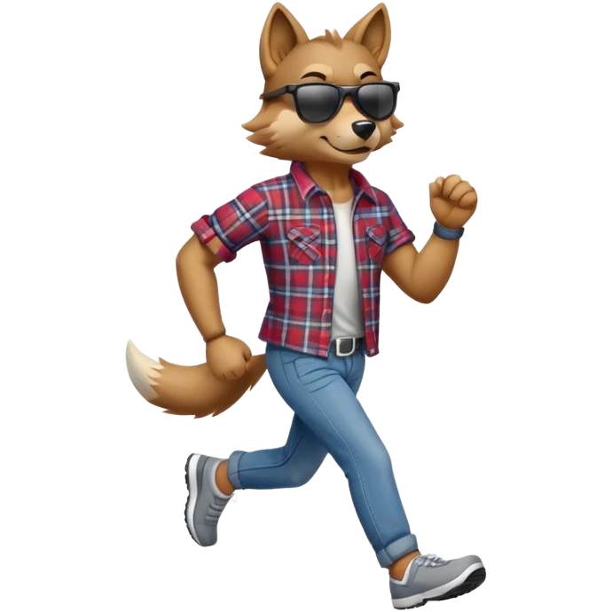 friendly anthropomorphised wolf in jeans and plaid shirt, wearing dark sunglasses, jogging upright in relaxed pose emoji