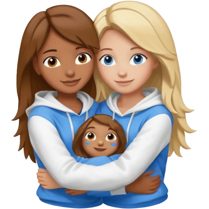 two Girls, Brown and Blonde hair, with Blue Eyes hugging one has Brown hair cute Hug another Version  Both Blue eyes and white hoddies Brown haired blonde on emoji