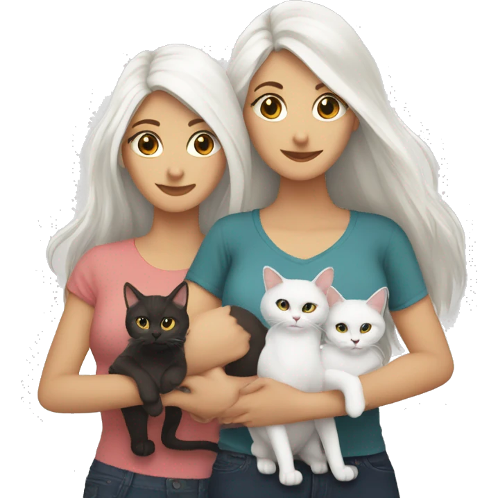 Two white long hair brunettes with two cats in hands emoji