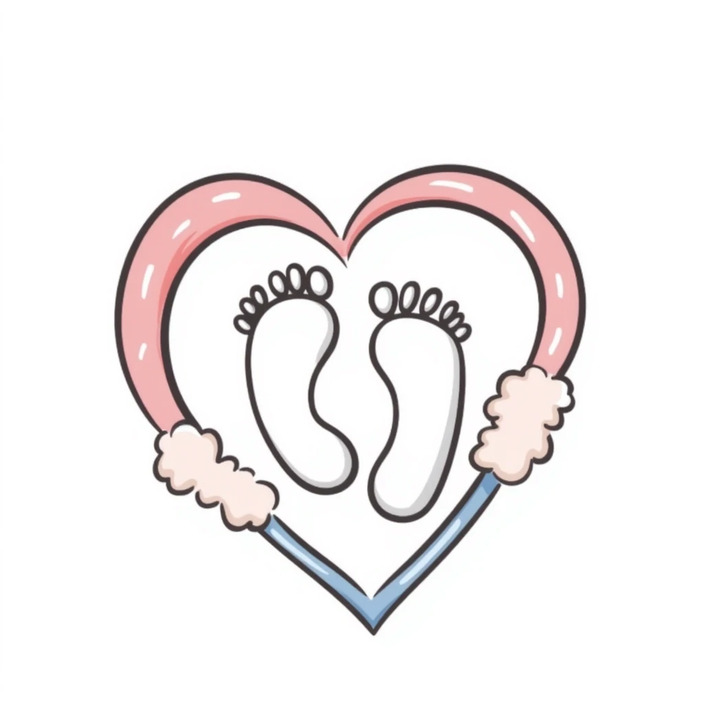 Simple, tasteful maternal symbol with a heart and tiny baby footprints. Hand-drawn doodle style using pastel colors (pink, light blue, lavender, peach). Gentle design representing motherhood and pregnancy. Sweet illustration with soft, nurturing elements. emoji