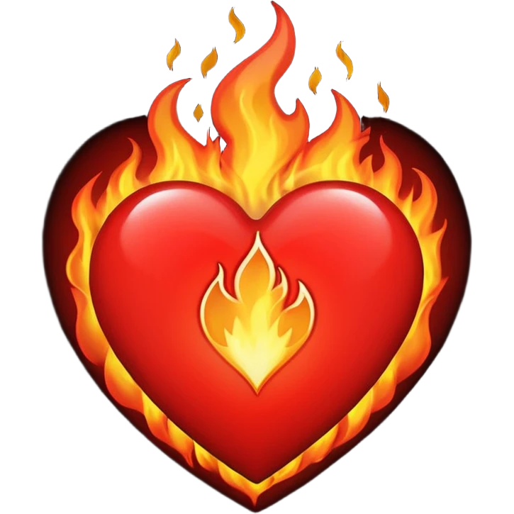A red heart with bright flames on top, blending realistic fire with a slightly gothic cartoon style. Inside the heart, in small bold gothic text, it says:
Pyromaniacs   emoji