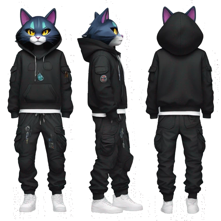 Edgy Anthro cool pretty dark cat-Pokémon-fursona techwear cargo pants hoodie emoji