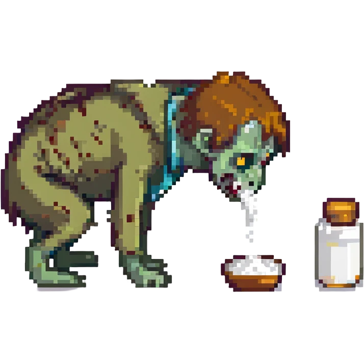 A zombie Leo  sniffing white powder with a background lab in the style of a pixel art emoji