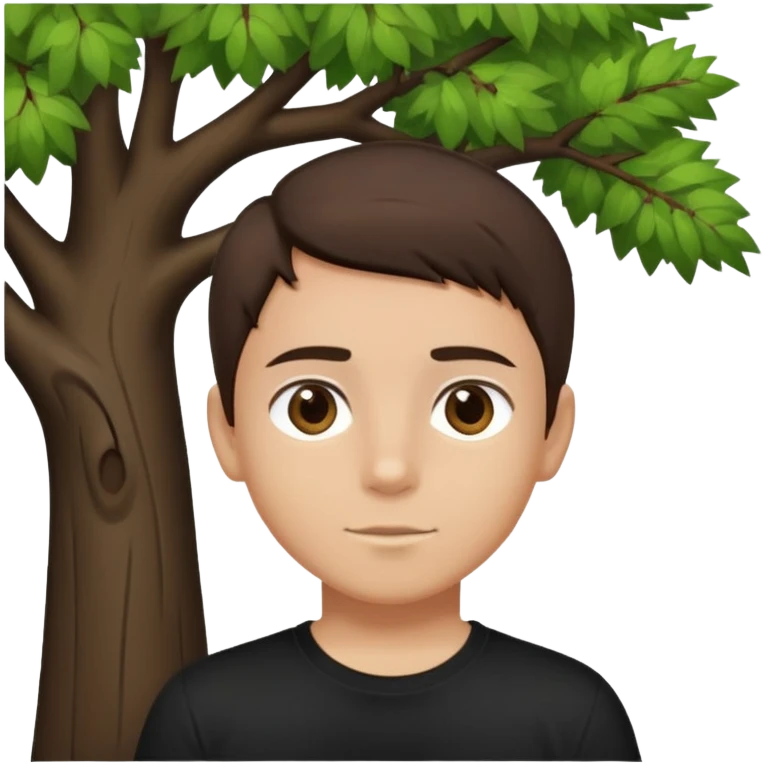 boy with straight short brunette hair brown eyes black tshirt on and tree behind emoji