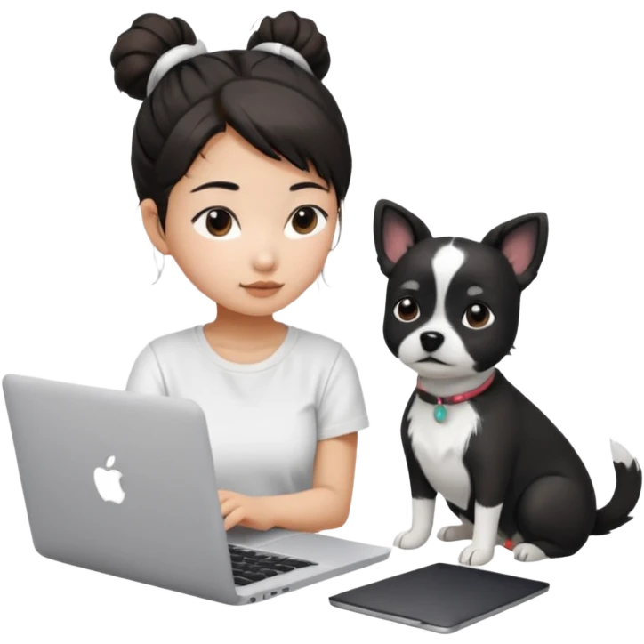 Asian girl with messy bun hair, wearing a white t-shirt, working on an Apple laptop, next to her is a small black and white dog emoji