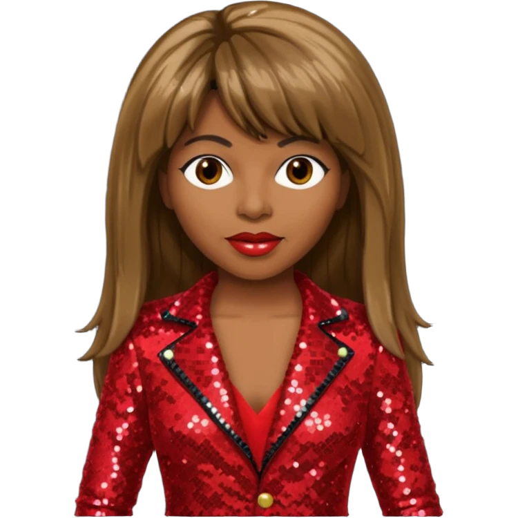 Tina Turner with long brown straight hair, red sequin outfit emoji