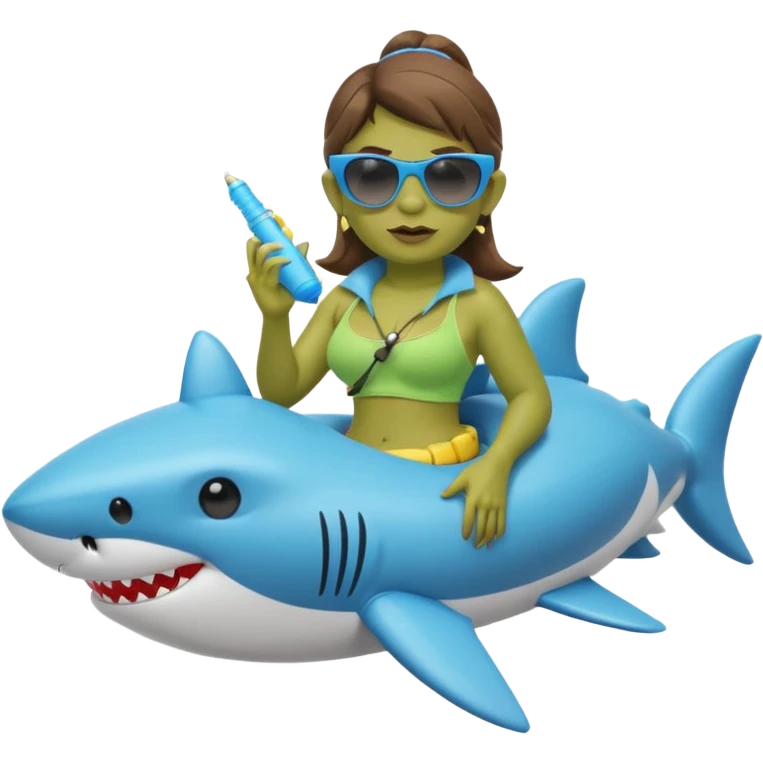 orc female sitting in an inflatable floatie shaped like a shark, wearing oversized sunglasses and a whistle on a neck cord, 2d emoji