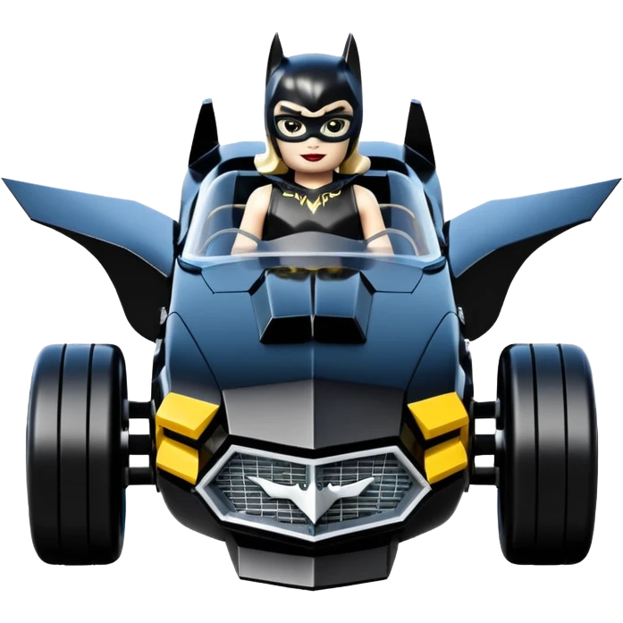  aerodynamic opulent dark knight futuristic concept Catwoman Batgirlmobile loosely based on 1977 Mustang roadster racing Lego (flat long straight faceted mechanical body) winged stealthy street hot rod  emoji