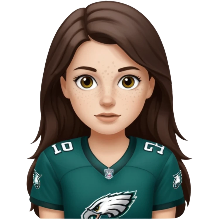 White girl with long darkish brown hair and freckles wearring a Philadelphia eagles jersey emoji