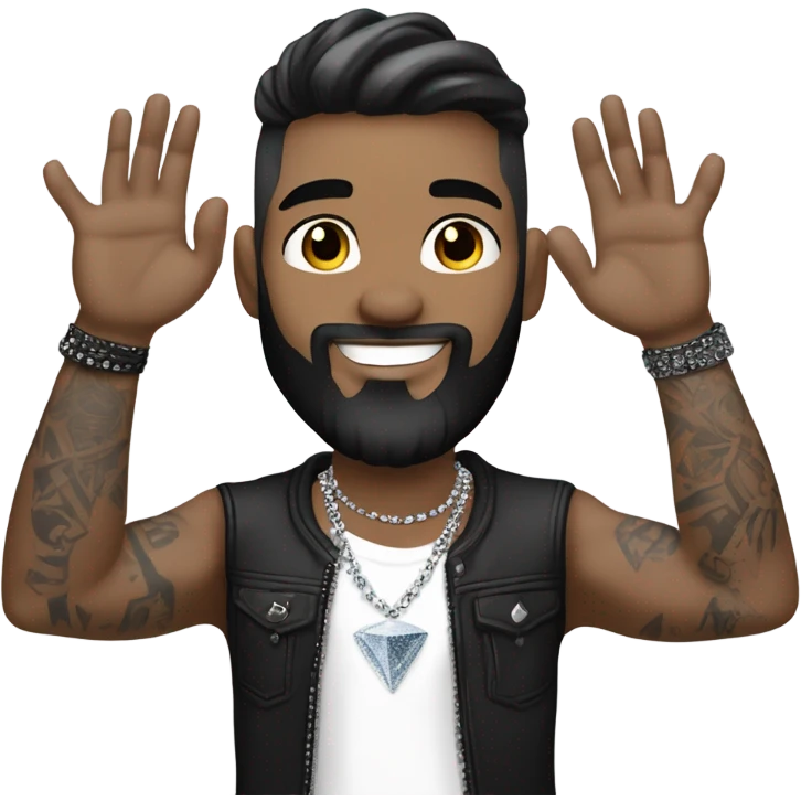 Younger white male that has grey blue eyes, dark brown hair with grey on the sides, a beard, and tattoos. He is wearing a diamond coated white gold necklace and a black punk band t-shirt while waving hello emoji