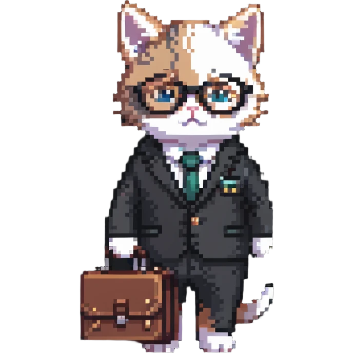 kitten in a suit holding a briefcase and wearing glasses emoji