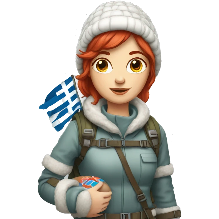 female winter mountaineer red hair holding easter egg and greek flag  emoji