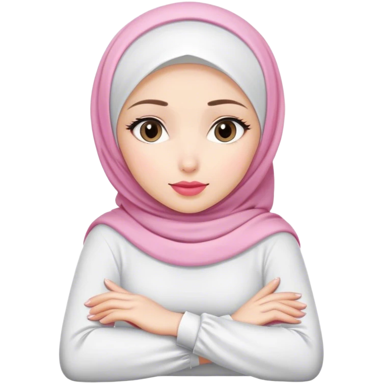 white hijab women are listening with her hands folded on the table. her lips is pink. emoji