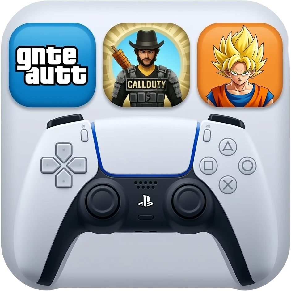 icone avec a l interieur des icone de jeu gta call off duty et dragon ball z et une mannette ps5 devant emoji
