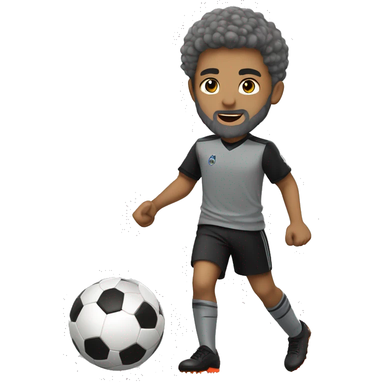 light skinned boy in gray soccer uniform and black shorts with gray beard  and hair kicking a soccer ball emoji