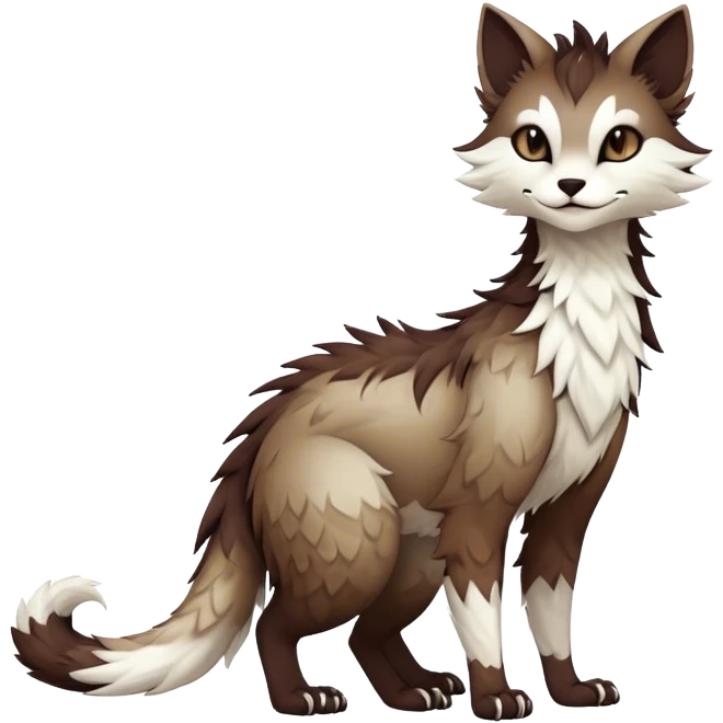Kawaii dark edgy brown beige white fantasy ethereal feline-vernid-sergal-fursona animal creature with a tufted tail full body with intricate markings  emoji